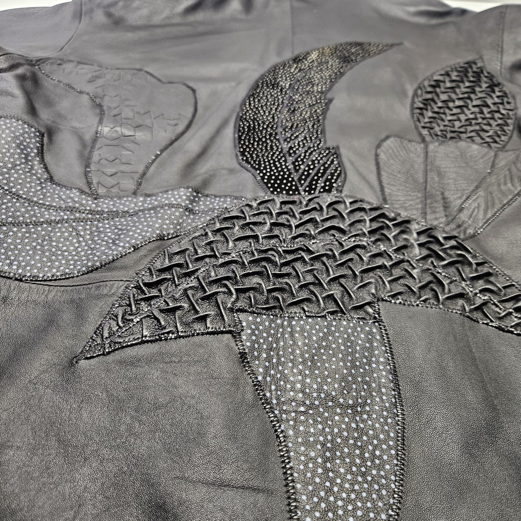 Unique 80s Oversized Black Leather Jacket Patchwork Blazer Medium Edgy Glam Vtg