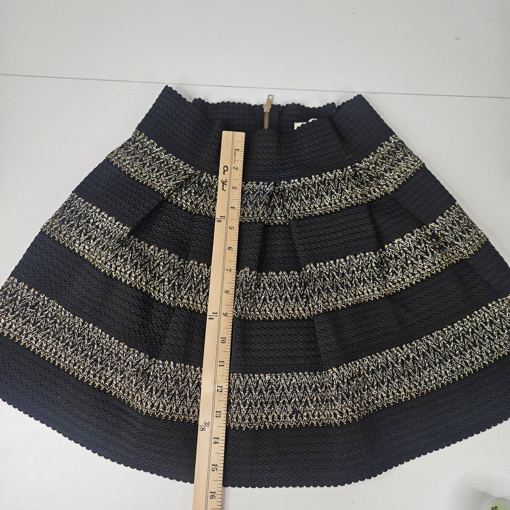 Ginger G Women's Mini Skirt A Line Pleated Black Gold Medium Holiday Metallic