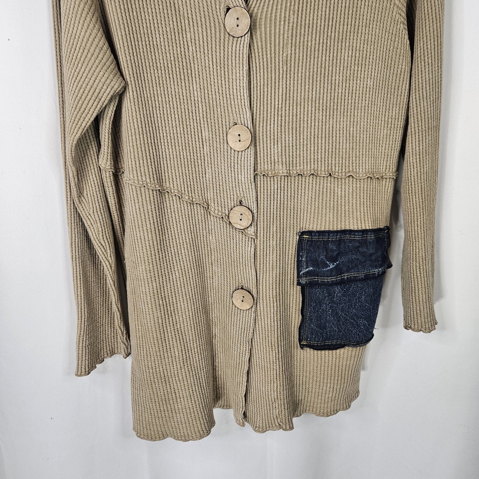 Fenini Khaki Cotton Waffle Knit Tunic Cardigan Sweater SZ XL Patchwork Boho
