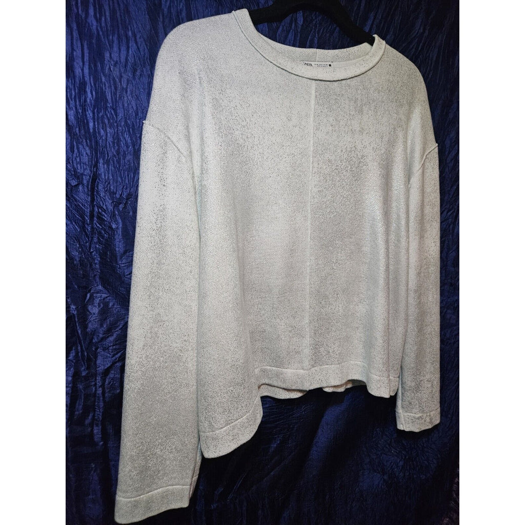 Zara Pullover Sweater White With Silver Metallic Foil Accents Size Med 8-10