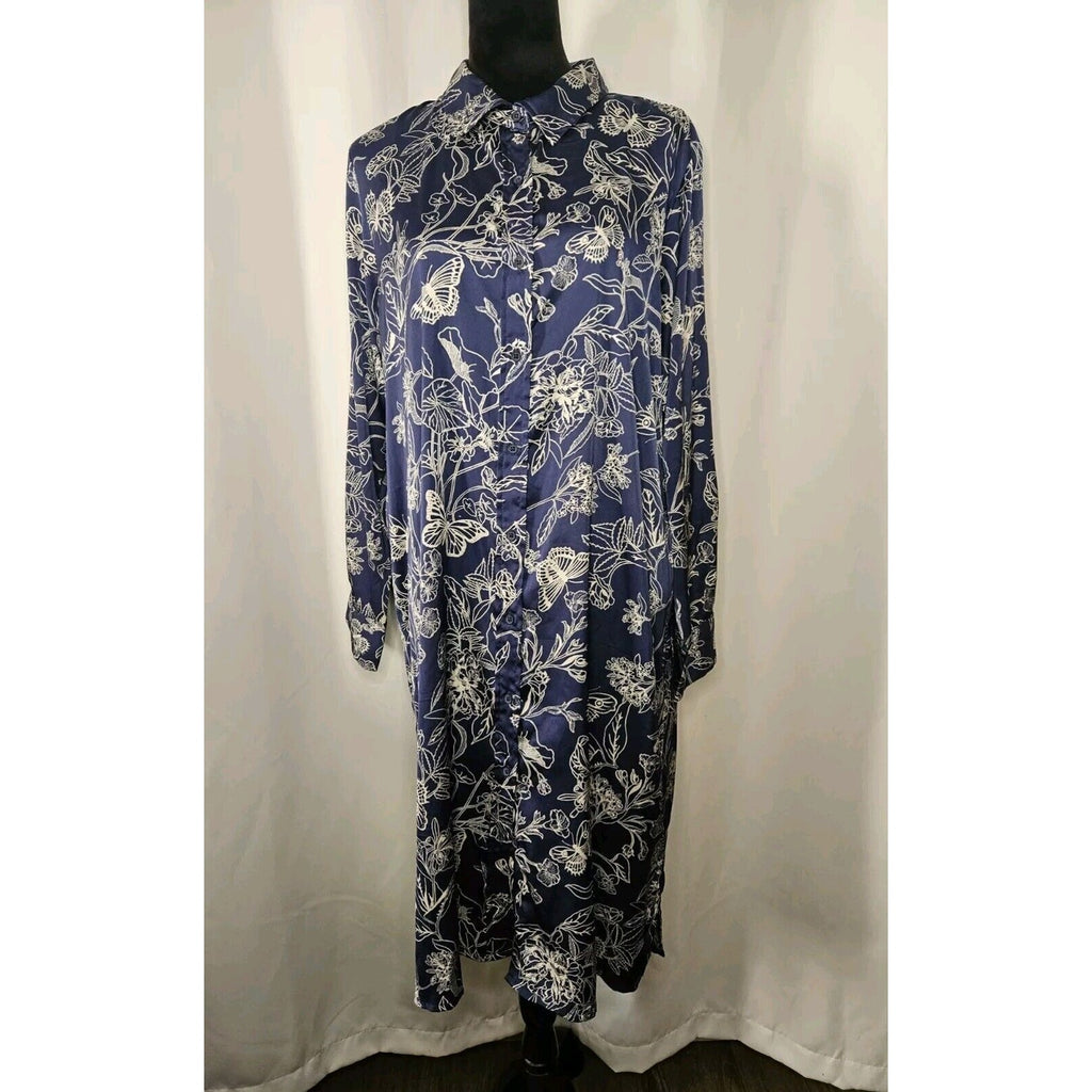 OPHELIA ROE Blue Floral Lightweight Satin Button Knee Length Dress w/o Belt XL