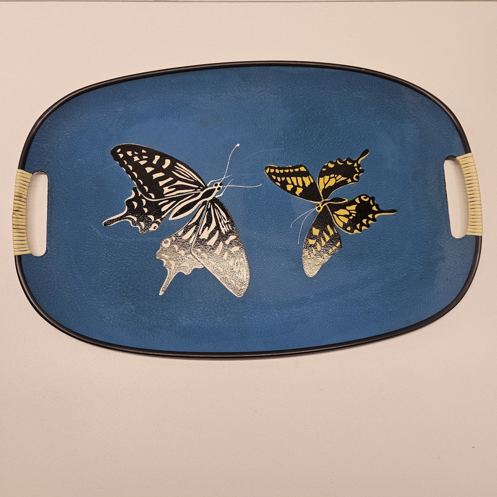 Vintage Handpainted Oval Butterfly Tray With Handles 18"x12" Blue Retro Boho