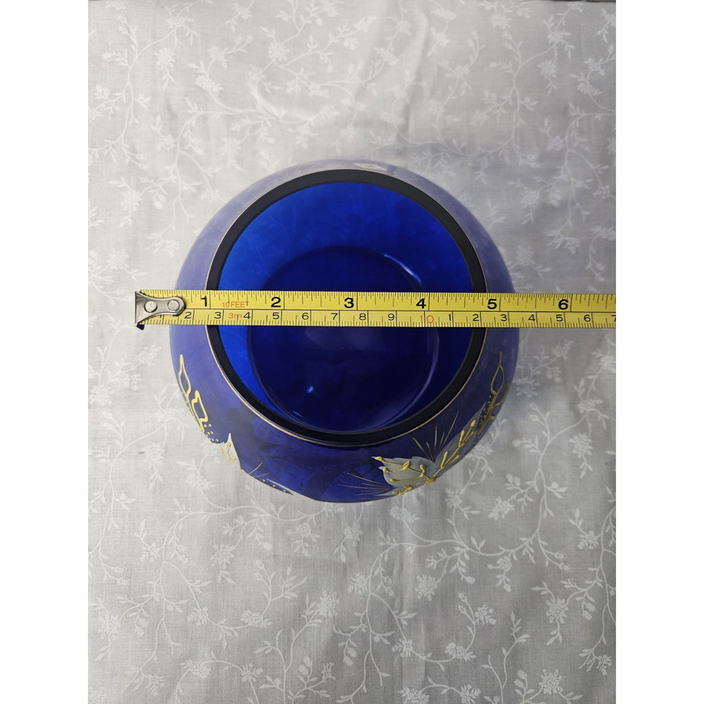 Bohemian Art Glass Short Vase in Cobalt Blue with Enameled Flowers & Gold Detail