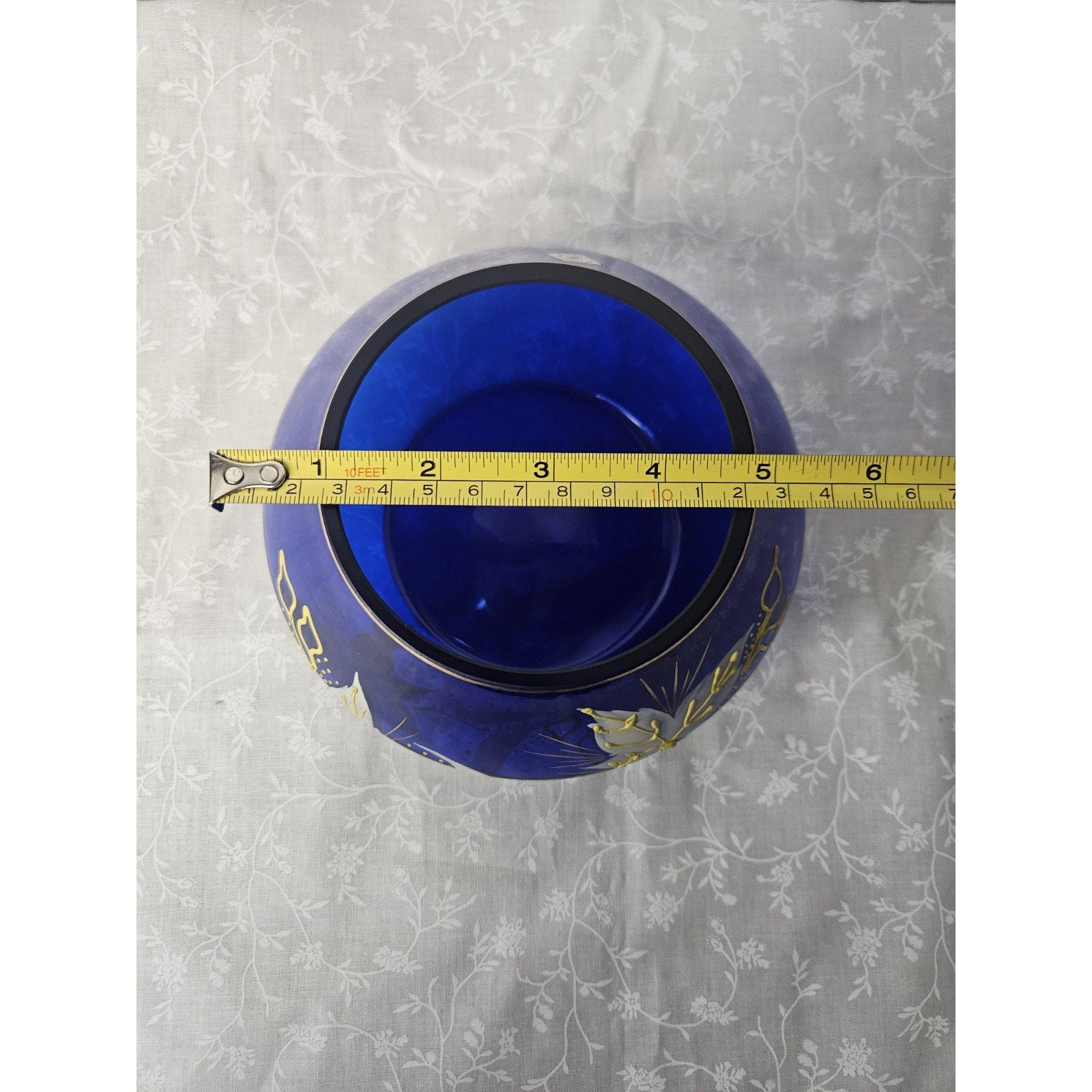 Bohemian Art Glass Short Vase in Cobalt Blue with Enameled Flowers & Gold Detail