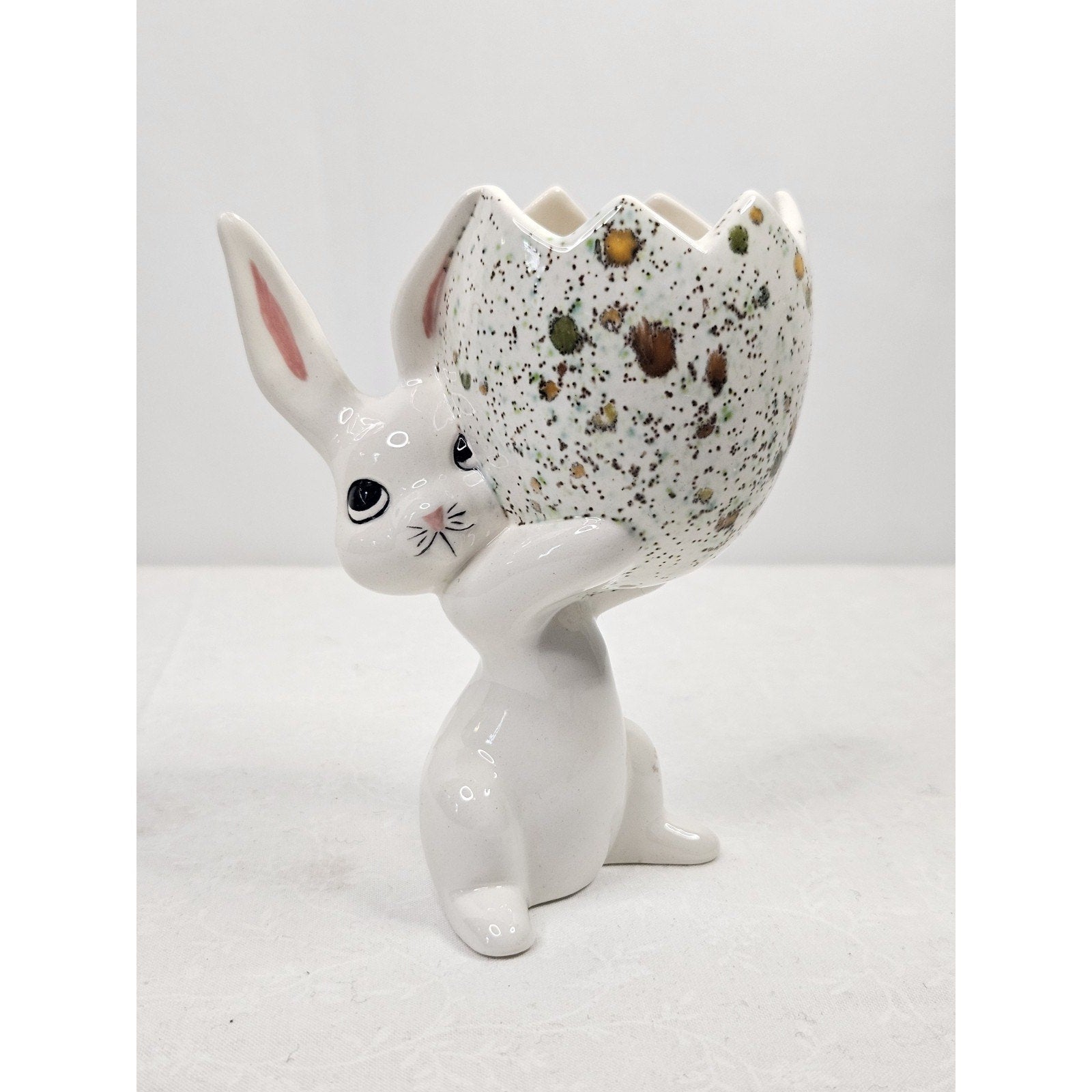 Vintage Mid Century Hand Painted Porcelain Bunny Holding Egg Easter Spring Art