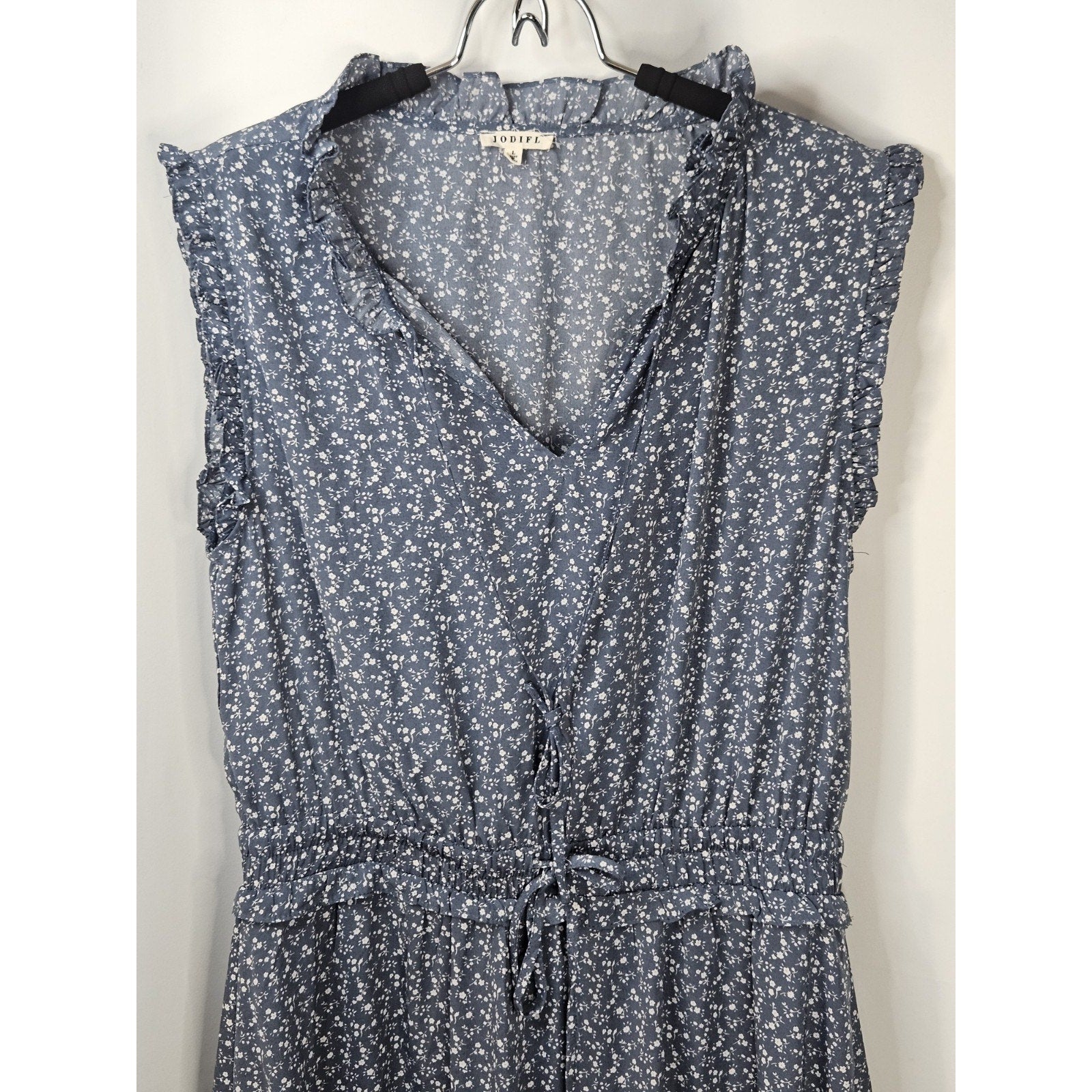 Jodifl Dress Navy L Ruffle Floral V-Neck Mini Lined Cottagecore Flutter Sleeve