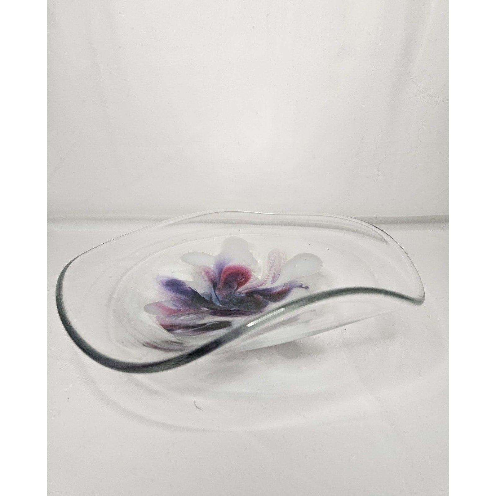 Vintage Signed Studio Art Glass Bowl Mid Century Modern Studio Clear Purple Whit