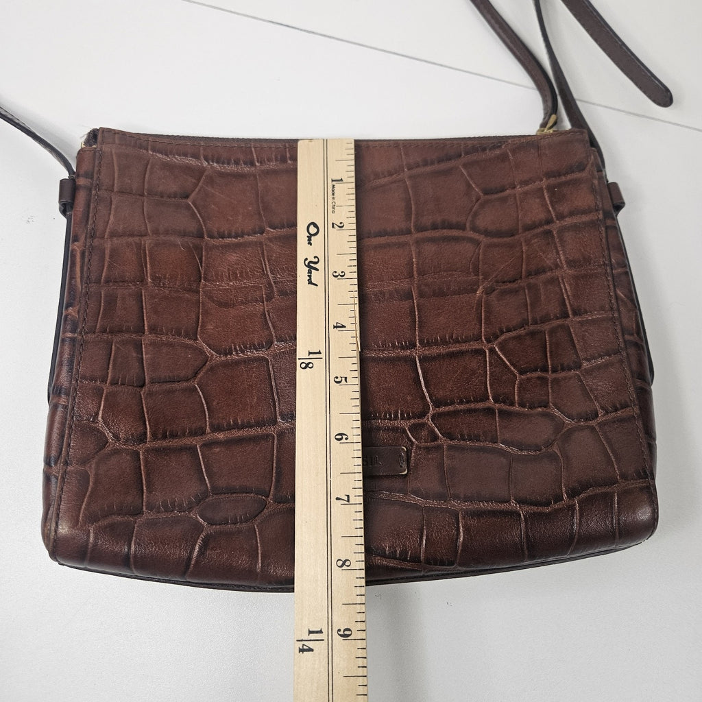 Vintage FOSSIL Croc Embossed Brown Leather Shoulder Crossbody - 10 x 8"