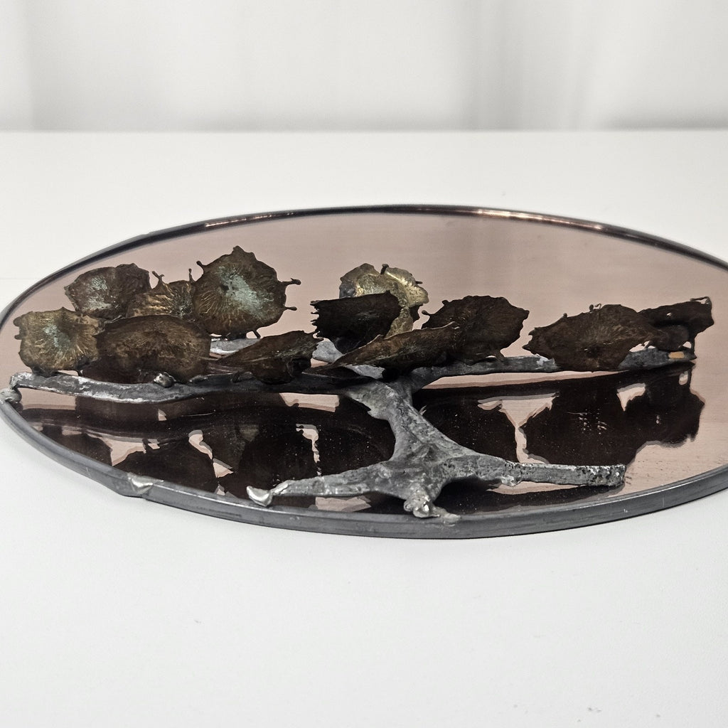 Art Deco Mid Century Modern Sculptural Copper Metal Botanical Wall Mirror