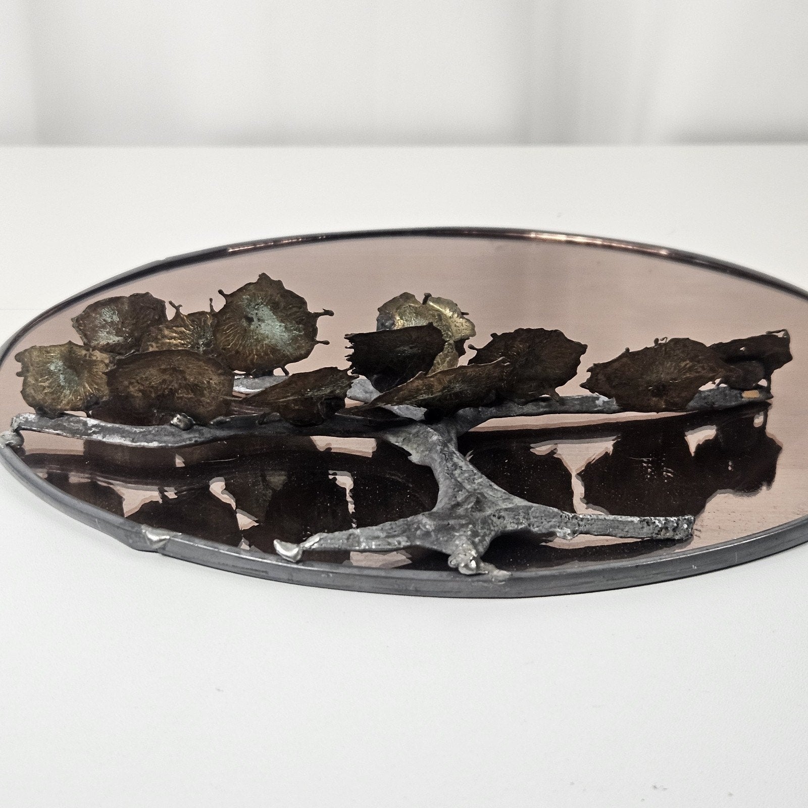 Art Deco Mid Century Modern Sculptural Copper Metal Botanical Wall Mirror