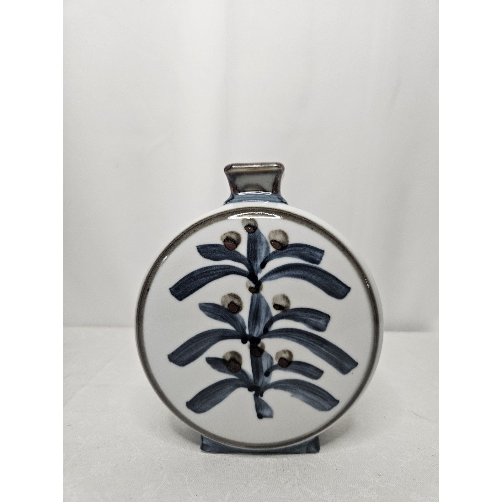 Vintage Japanese Flask Shaped Glazed Blue and White Pottery Vase Embossed Mark