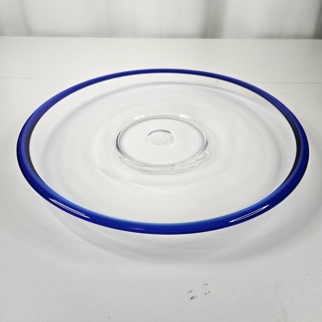 Vintage Hand Blown Blue Rim Clear Glass Platter Plate 13-3/4" Modern Candle Tray