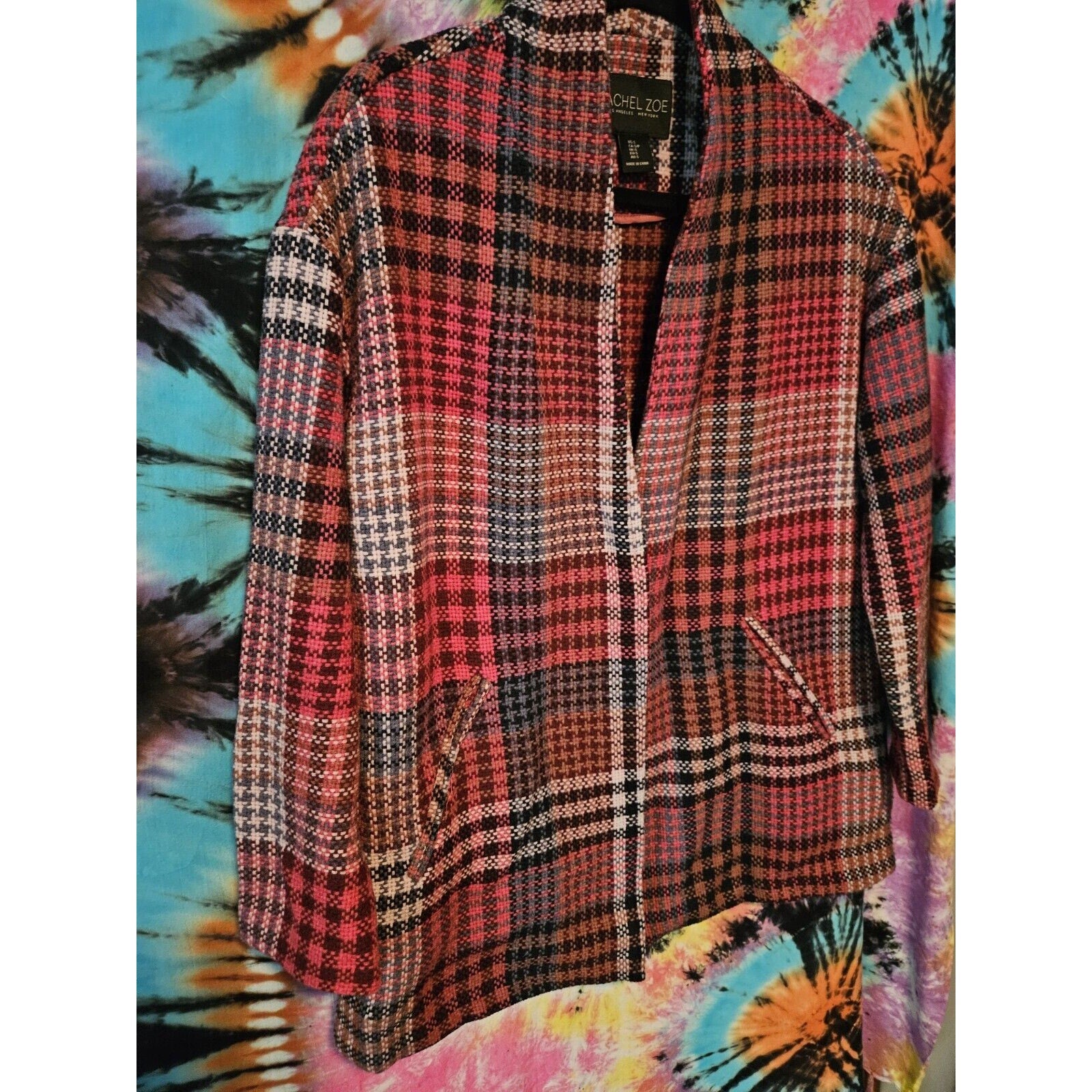 RACHEL ZOE Jacket Plaid Wool Blend Oversized Coat Pink Red Women's Size Small
