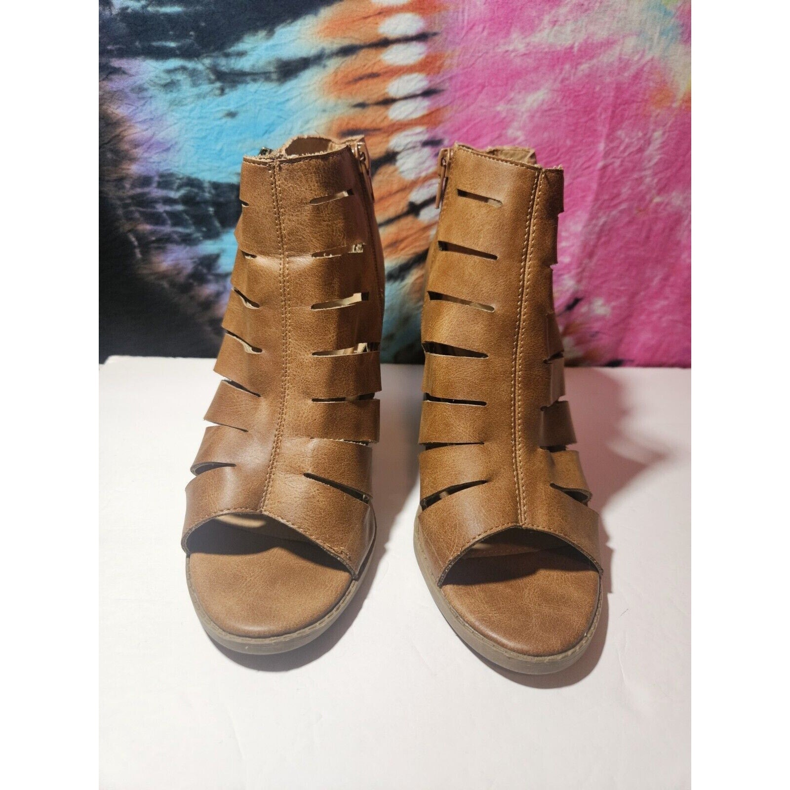 Report Peep Toe Heeled Booties Brown Faux Leather Heels Sandals Size 9 Elise