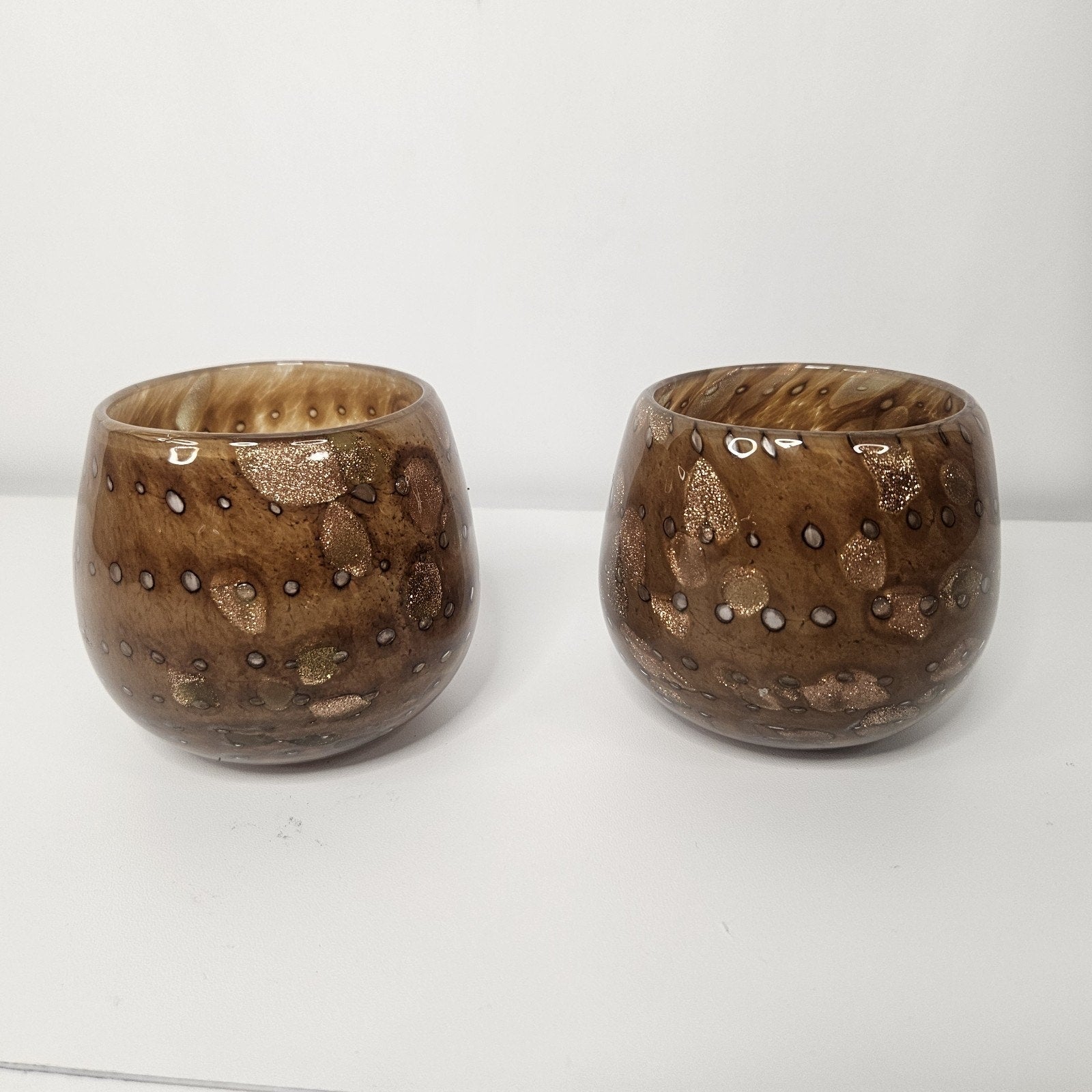 Handblown Artisanal Votive Holder Set Amber Copper Gold Shimmer 3.5x3"