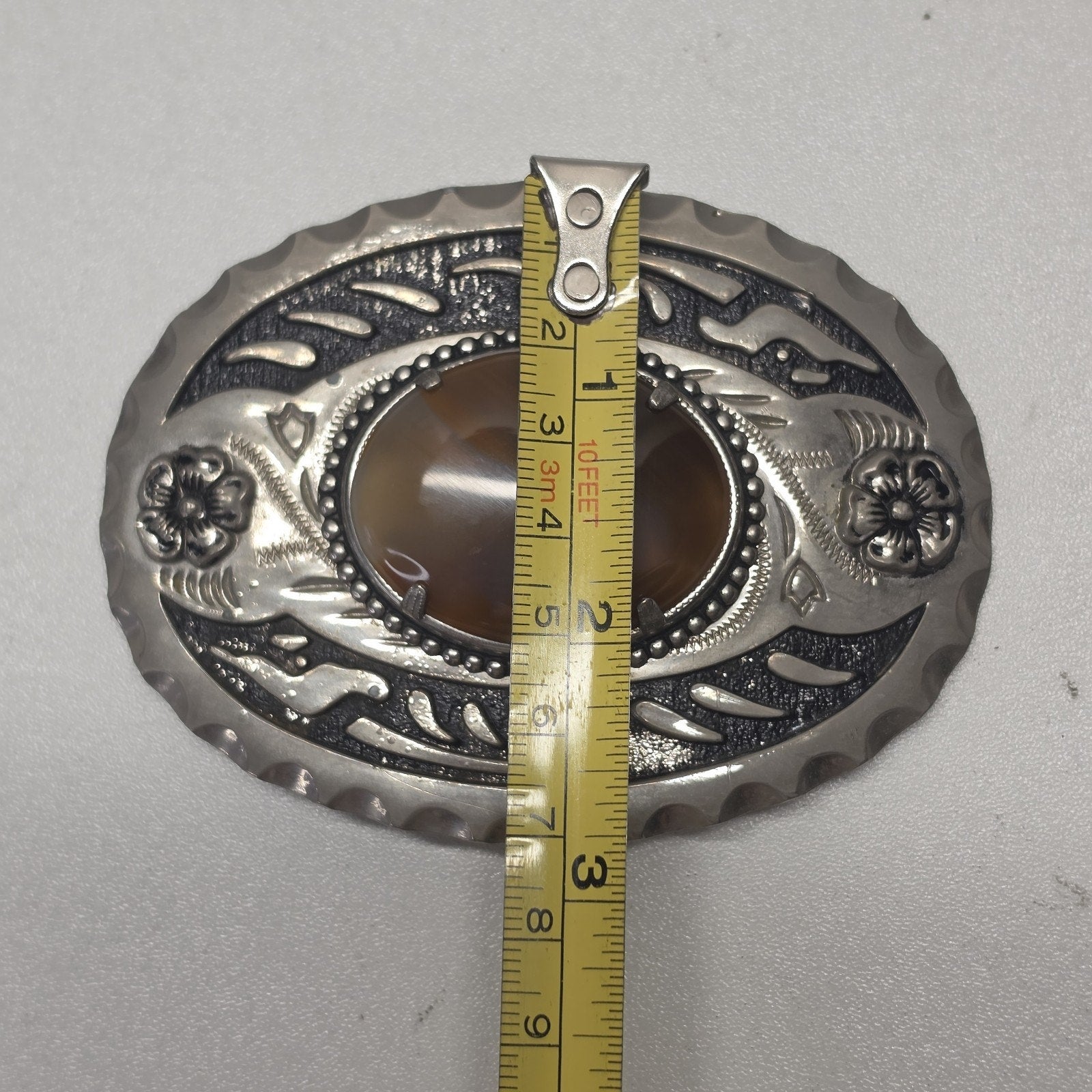 Vintage Western Belt Buckle Oval Silver Tone Brown Agate Stone Cowboy Equestrian
