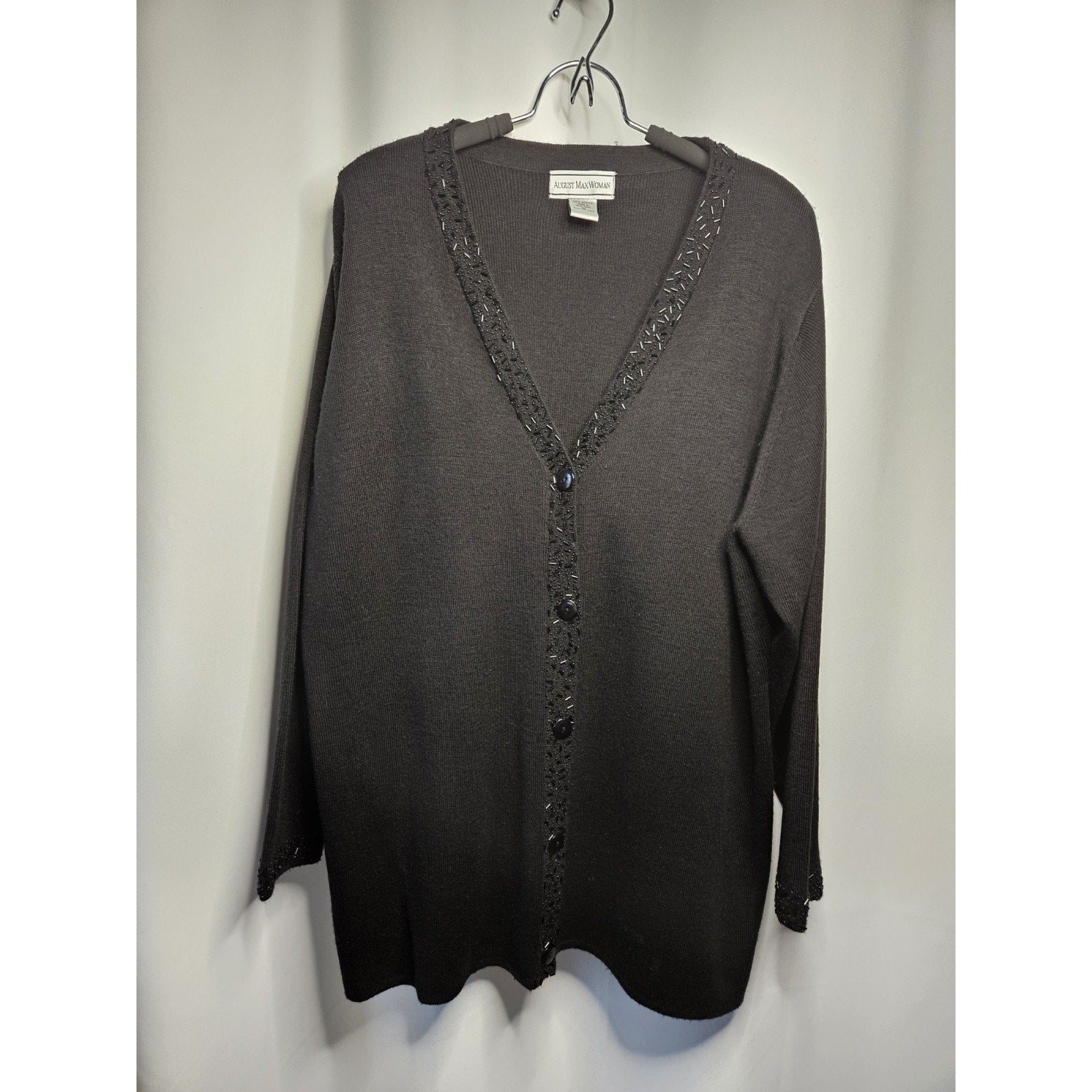 August Max Woman Plus Size 1X Black Cardigan Button Closure Bead Trim Sweater
