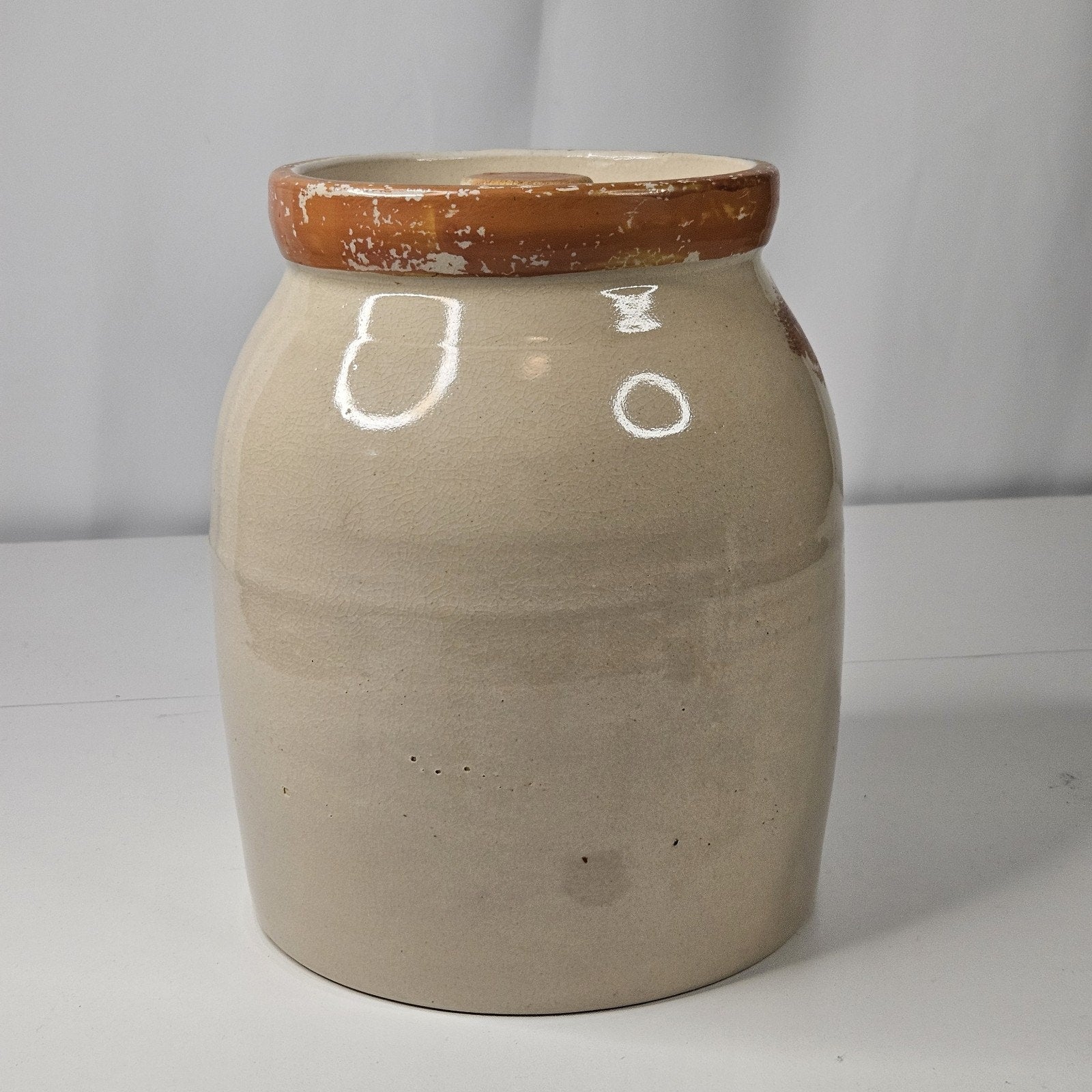 Vintage Glazed Pottery Abstract Fruit Print Cookie Jar Retro Kitchen Storage