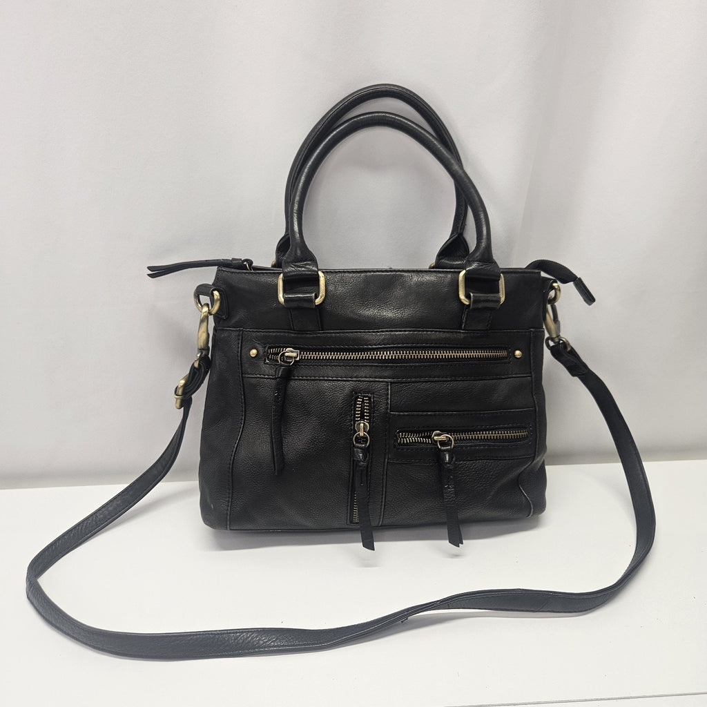 Vtg Y2K Black Soft Leather Crossbody Shoulder Bag Zipper Compartments Top Handle