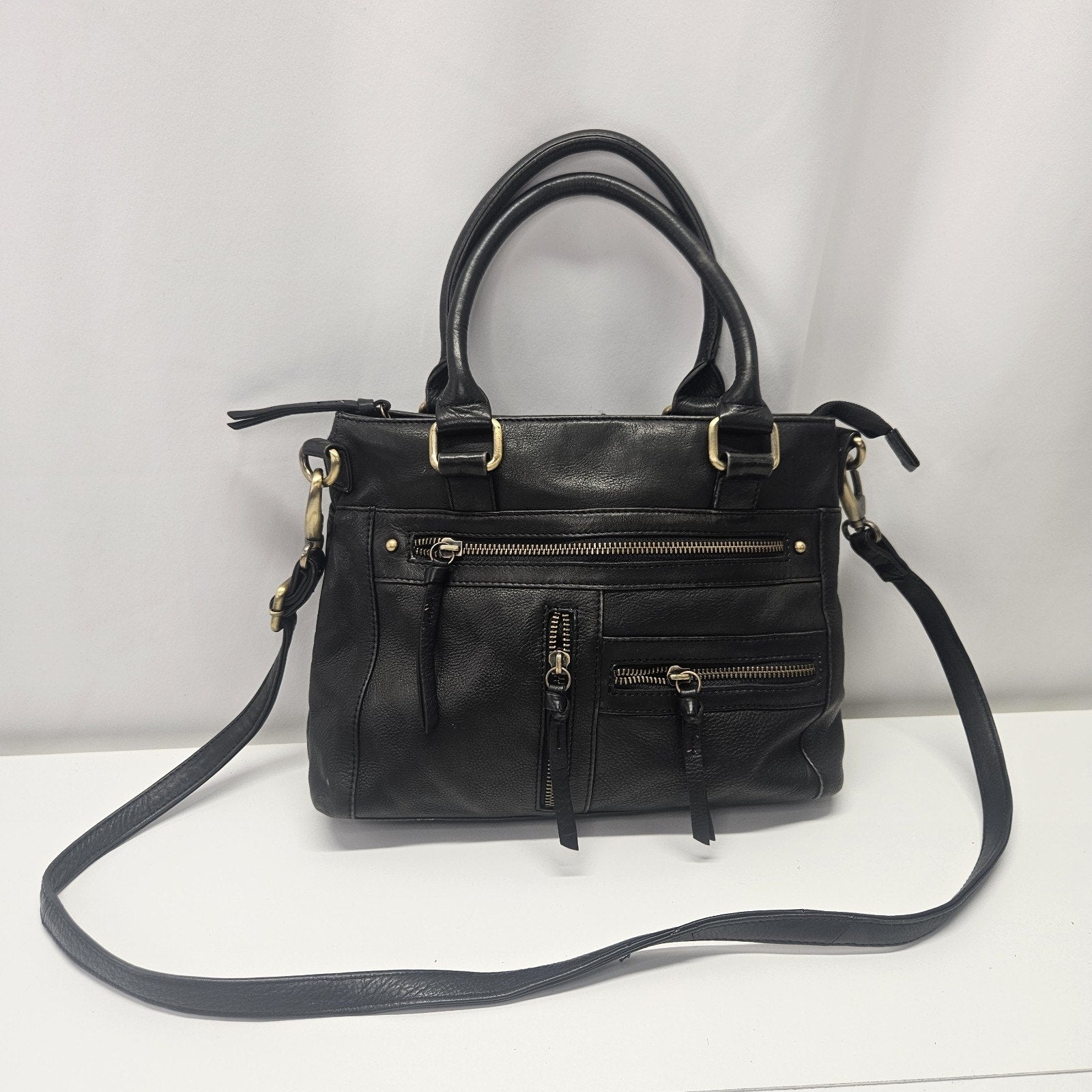 Vtg Y2K Black Soft Leather Crossbody Shoulder Bag Zipper Compartments Top Handle