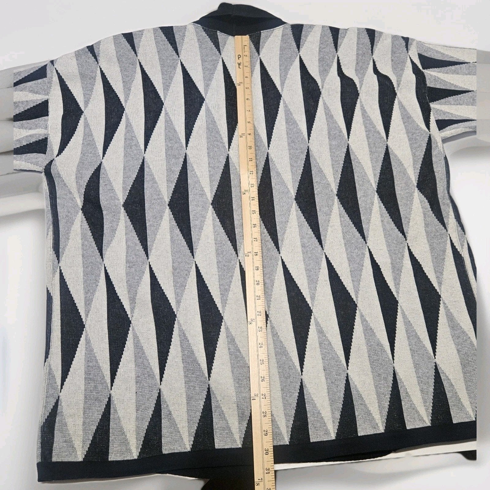 Vintage 80s Worthington Geometric Long Knit Sweater Cardigan XL Boho Gray USA