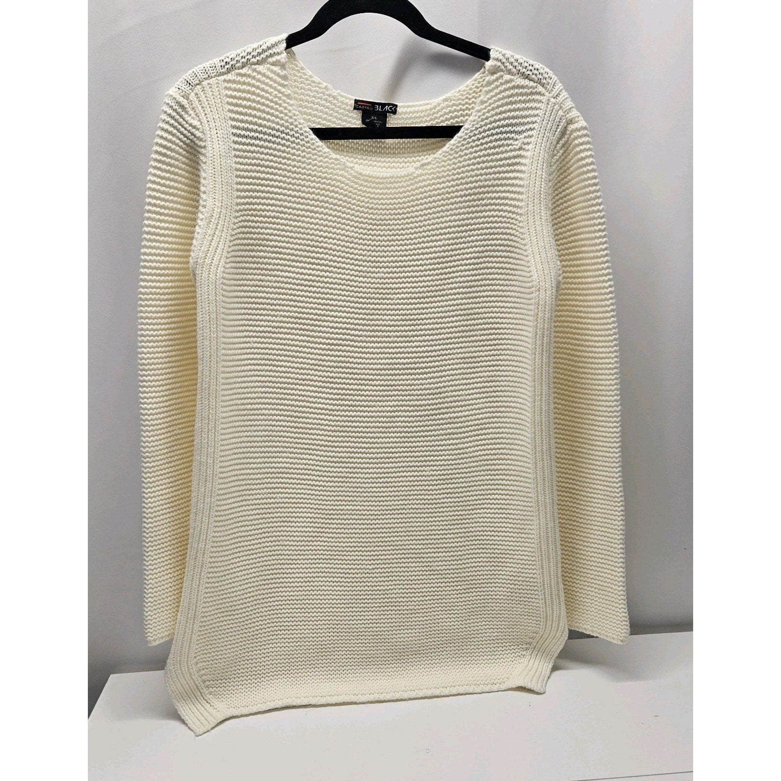 Vintage Ivory Ribbed Acrylic Knit Pullover Sweater Size Large Classic Long