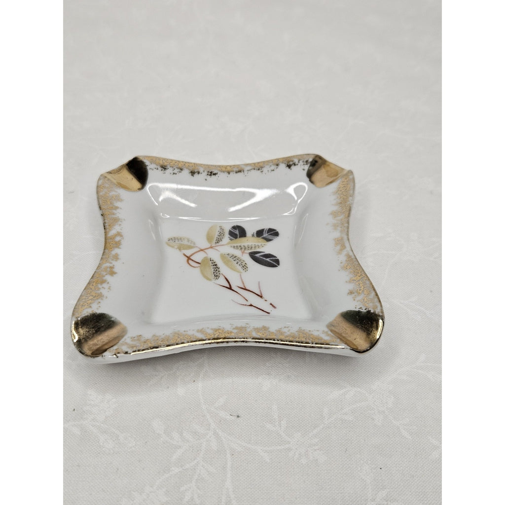 Vintage Porcelain Ashtray Japanese Leaf Design With Gold Trim 3" Mid Century
