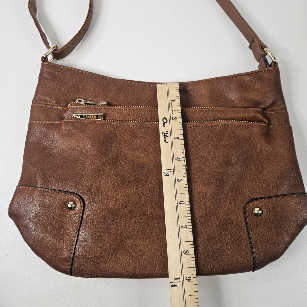 Brown Faux-Leather Crossbody Handbag Two Front Zip Pockets Shoulder Bag Purse