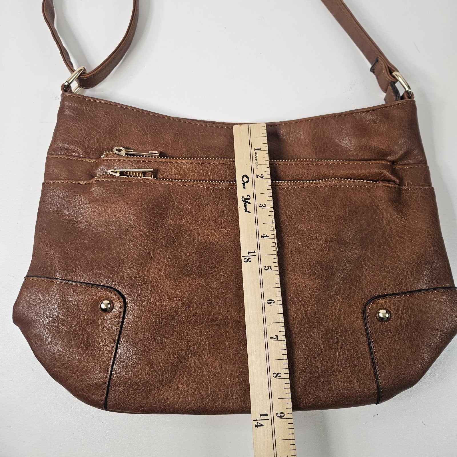 Brown Faux-Leather Crossbody Handbag Two Front Zip Pockets Shoulder Bag Purse