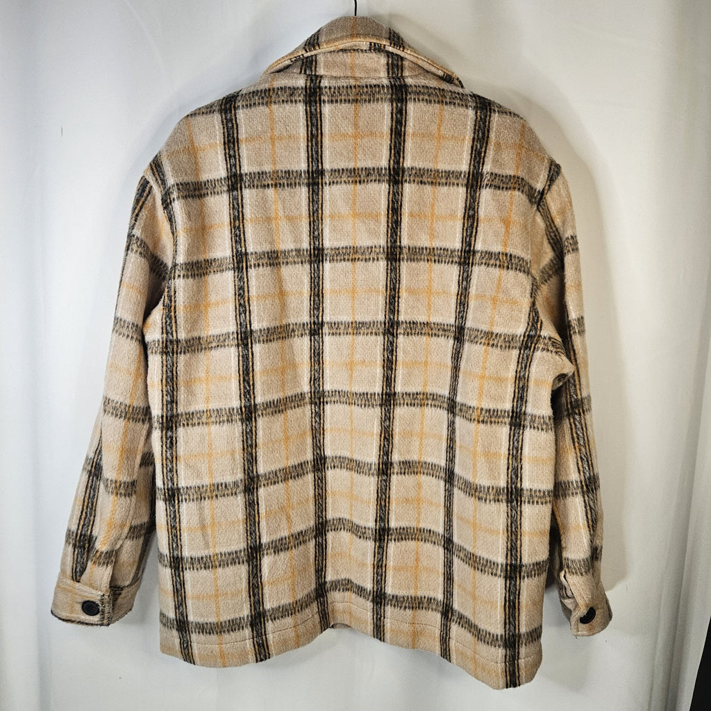 Sebby Wool Blend Plaid Shacket Brown Satin Lined Cozy Button Closure Medium