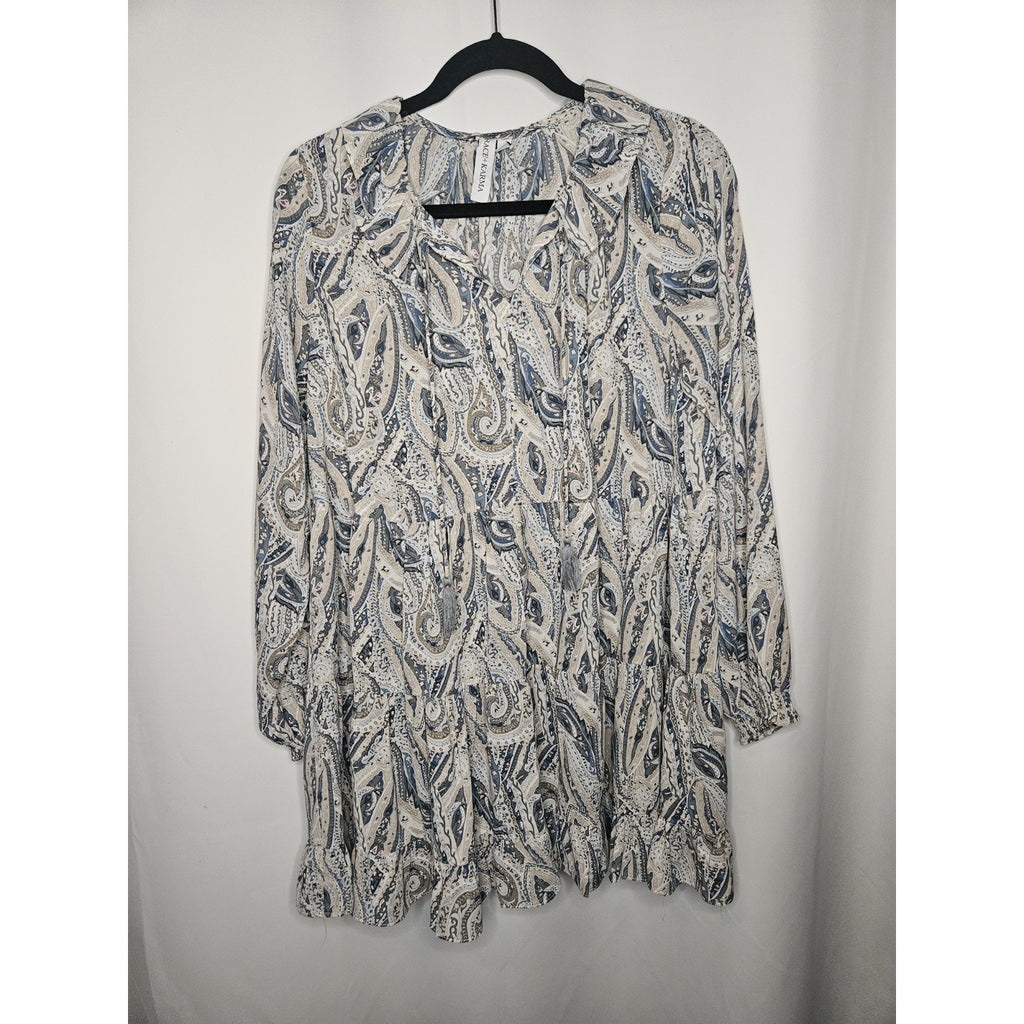 Grace + Karma Shift Dress Womens Small Paisley Ruffle Tassel Tie Long Sleeve