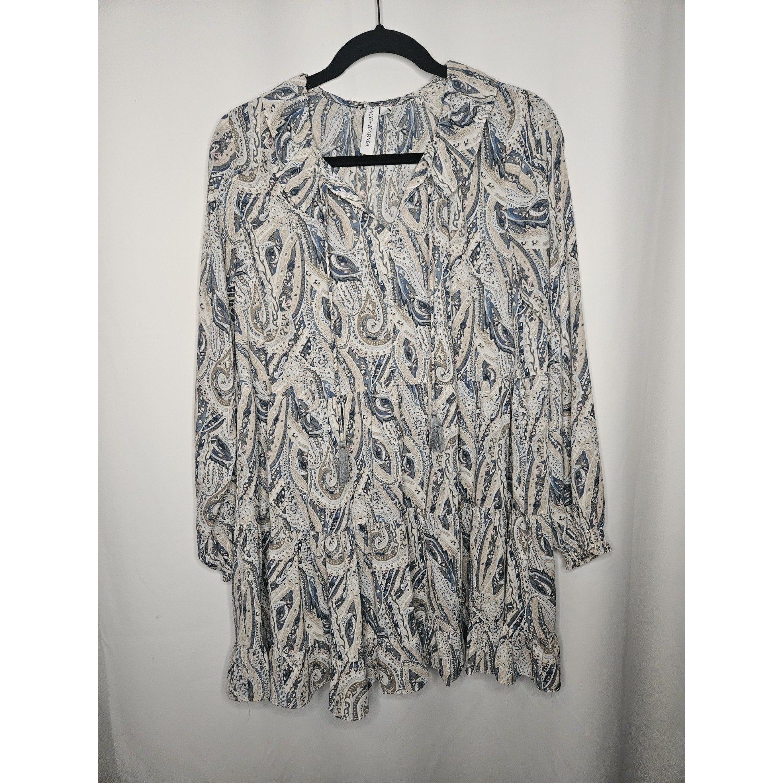 Grace + Karma Shift Dress Womens Small Paisley Ruffle Tassel Tie Long Sleeve