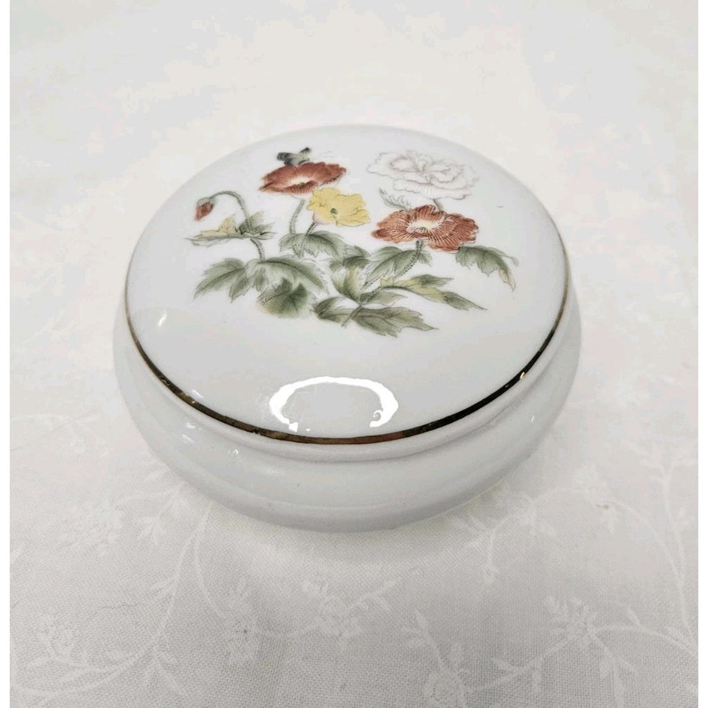Takahashi San Francisco Floral Ceramic Covered Trinket Jewelry Box w/Gold Trim
