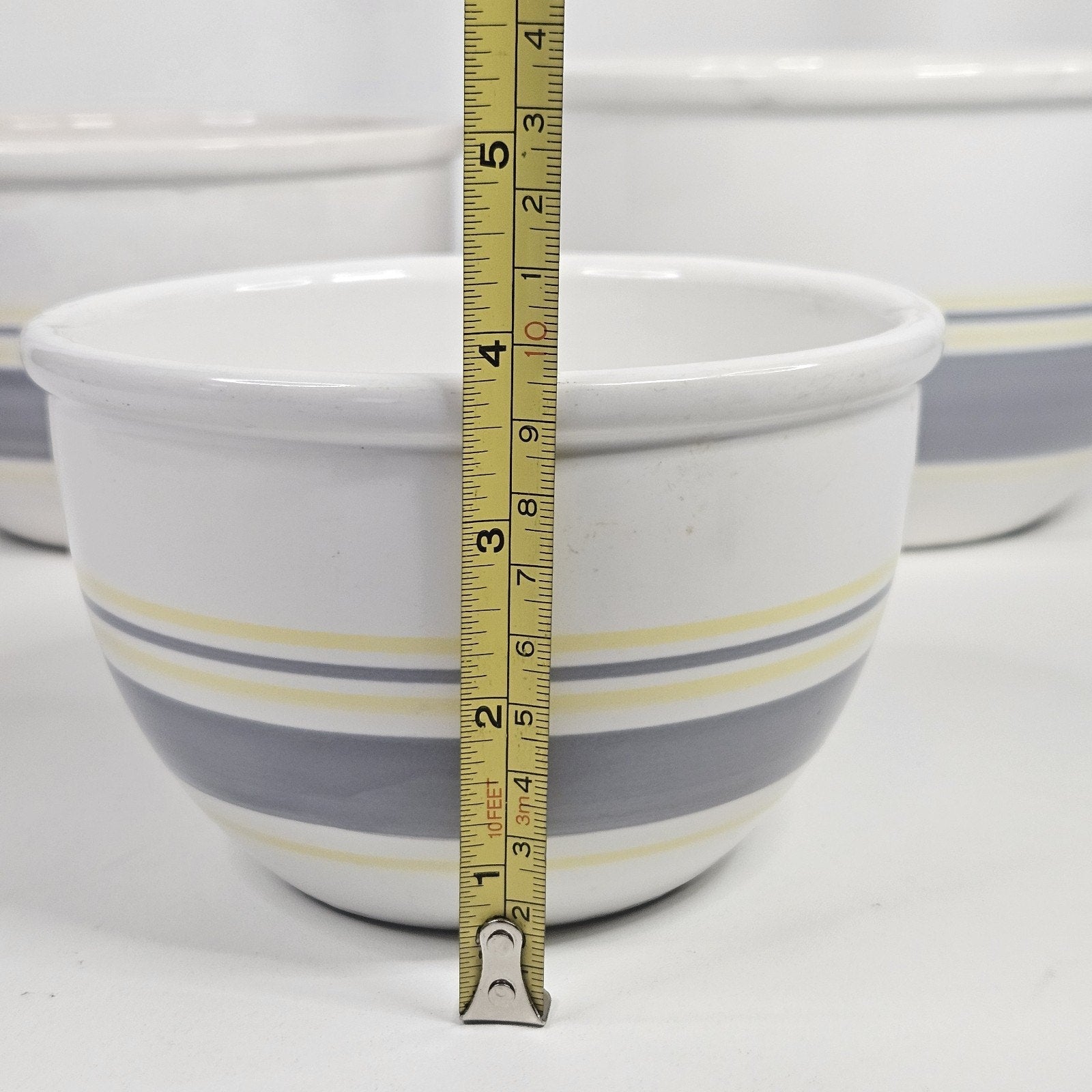 Vtg MCM Mount Mt. Clemens Pottery Mixing Bowl Set 3 Gray Yellow Stripes Japan