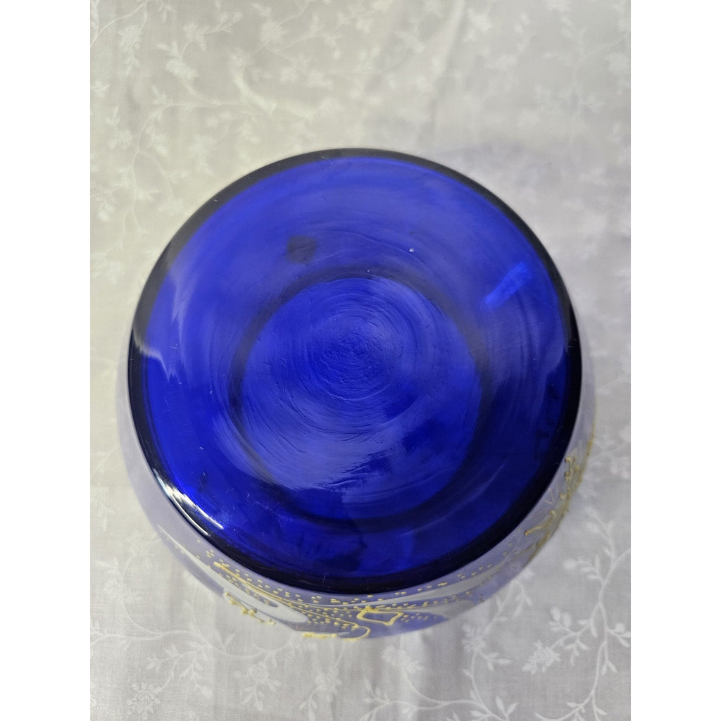 Bohemian Art Glass Short Vase in Cobalt Blue with Enameled Flowers & Gold Detail
