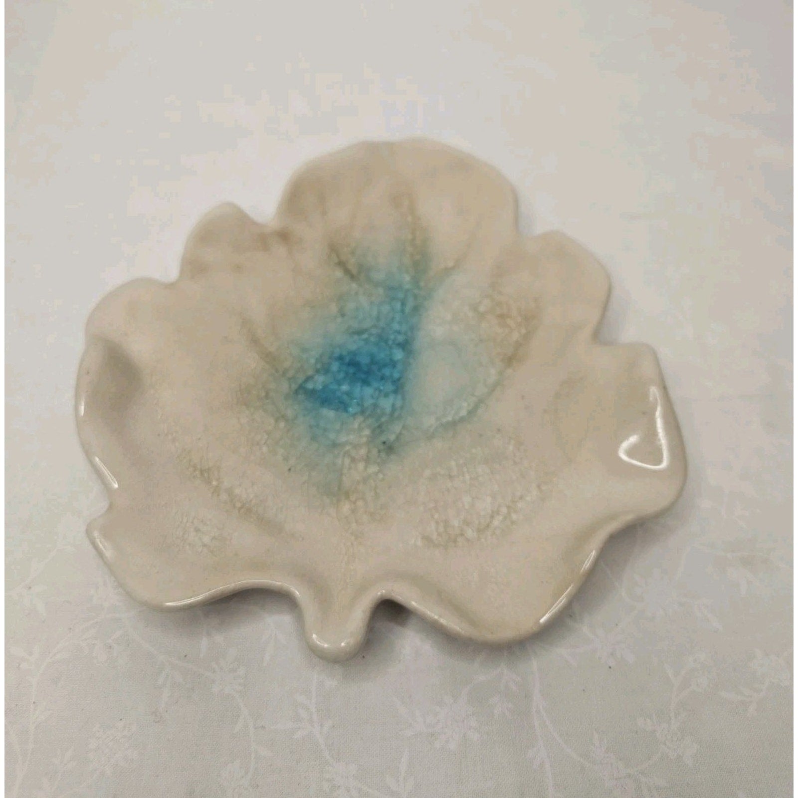 Handmade Ceramic Geode Pottery Trinket Dish Crackled Leaf 7" Dish