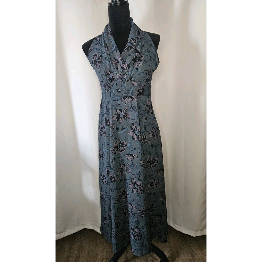 Vintage High Neck Sleeveless Dress Sheer Floral Maxi Blue Empire Waist XS 0/2