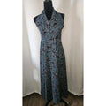 Vintage High Neck Sleeveless Dress Sheer Floral Maxi Blue Empire Waist XS 0/2