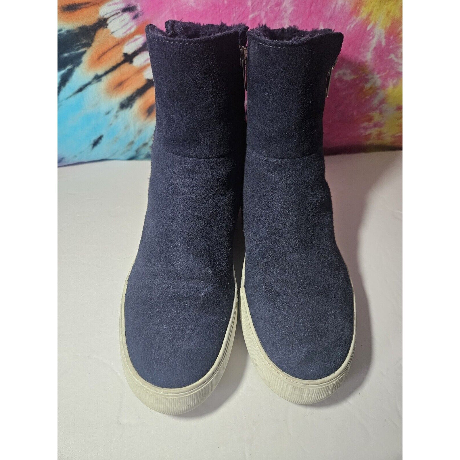 J/Slides NYC Navy Blue Suede Leather Platform Boots Size 7 Zipper Boot Shoes