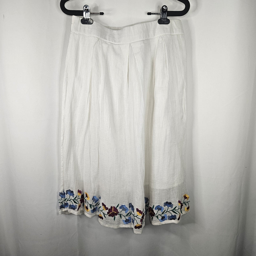 Antthony Mexicali Embroidered Floral Cotton Gauze Box Pleat Skirt White Medium