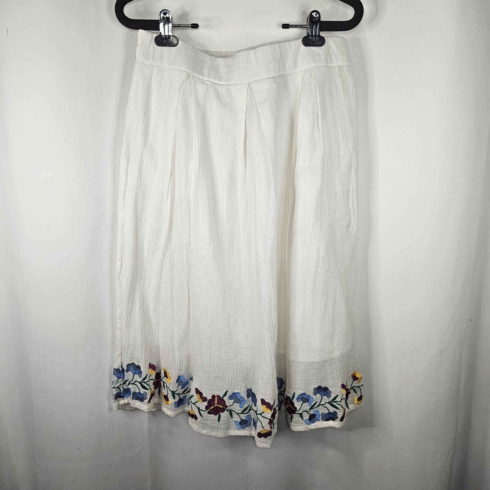 Antthony Mexicali Embroidered Floral Cotton Gauze Box Pleat Skirt White Medium