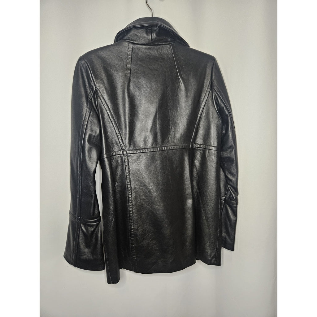 Vintage Excelled Womens Black Leather Jacket XS Midi 3 Button Collared