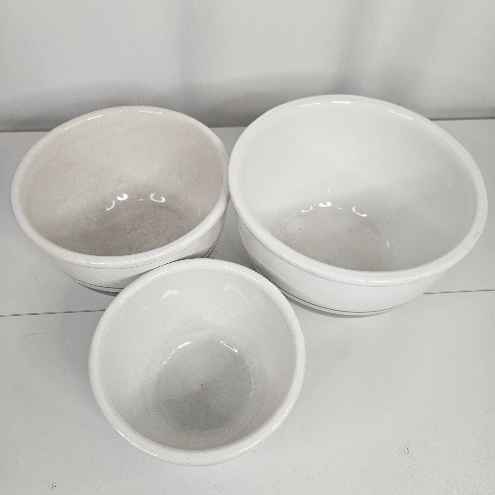 Vtg MCM Mount Mt. Clemens Pottery Mixing Bowl Set 3 Gray Yellow Stripes Japan