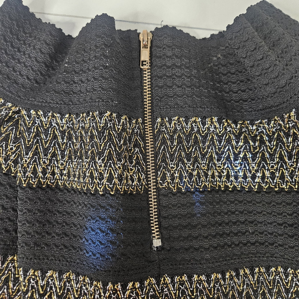 Ginger G Women's Mini Skirt A Line Pleated Black Gold Medium Holiday Metallic