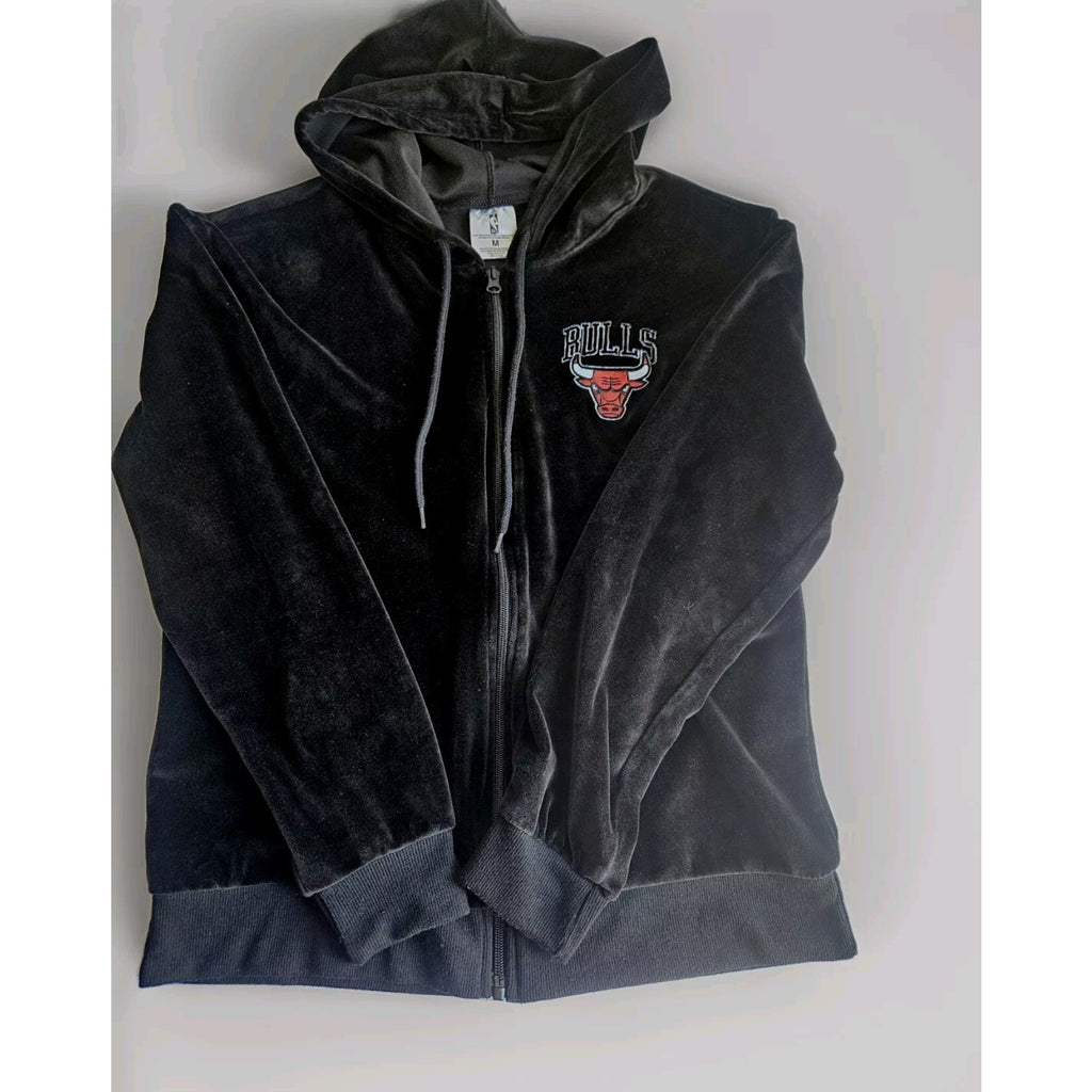 NBA Chicago Bulls Logo Full Zip Black Velour Track Jacket Womens Medium Red NWOT