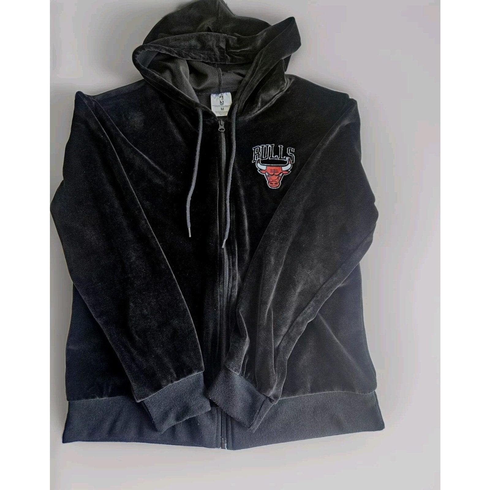 NBA Chicago Bulls Logo Full Zip Black Velour Track Jacket Womens Medium Red NWOT