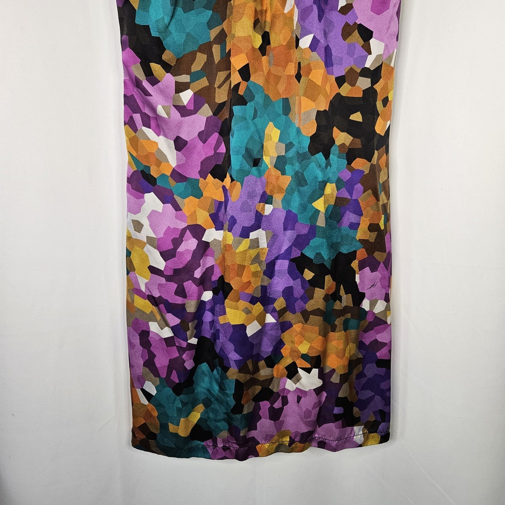 Trina Turk Dress Multicolor Pixelated 100% Silk Criss Cross Neck Size 2