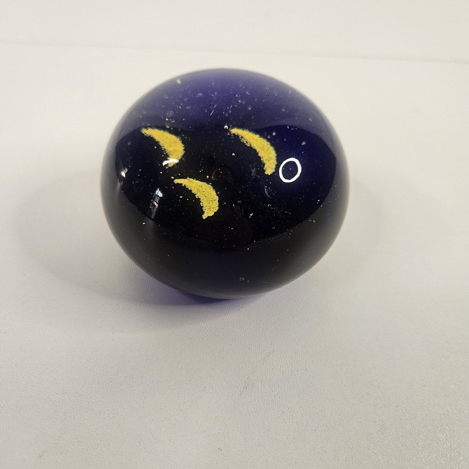 Vintage Mid-Century Yellow Blue Clear Bubbles Elliptic Sphere Face Paperweight