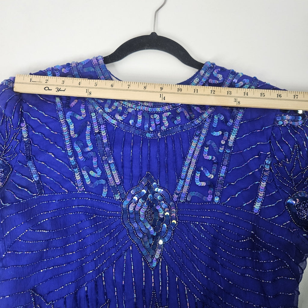 Sequin Beaded Silk Top 90s Vintage Royal Blue Blouse Gatsby Glam Party Large