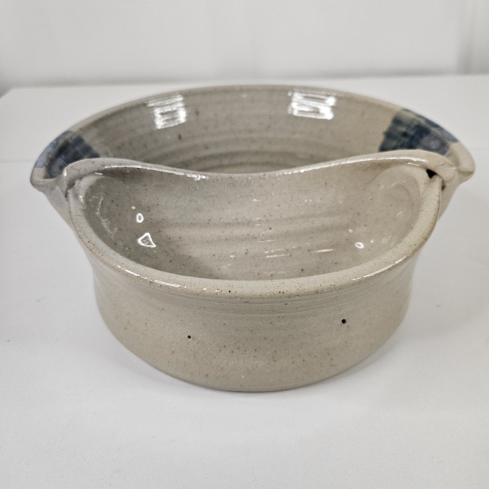 Vtg Handmade Studio Pottery Serving Bowl Rustic Primitive Dip Bowl Blue Brown